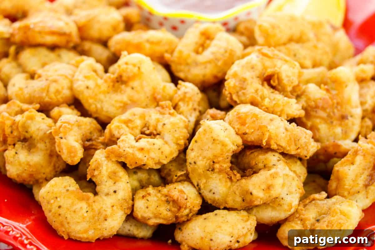 Golden Shrimp Poppers 3 A tantalizing close-up shot of freshly fried popcorn shrimp, showcasing its golden-brown, crispy batter and succulent texture.