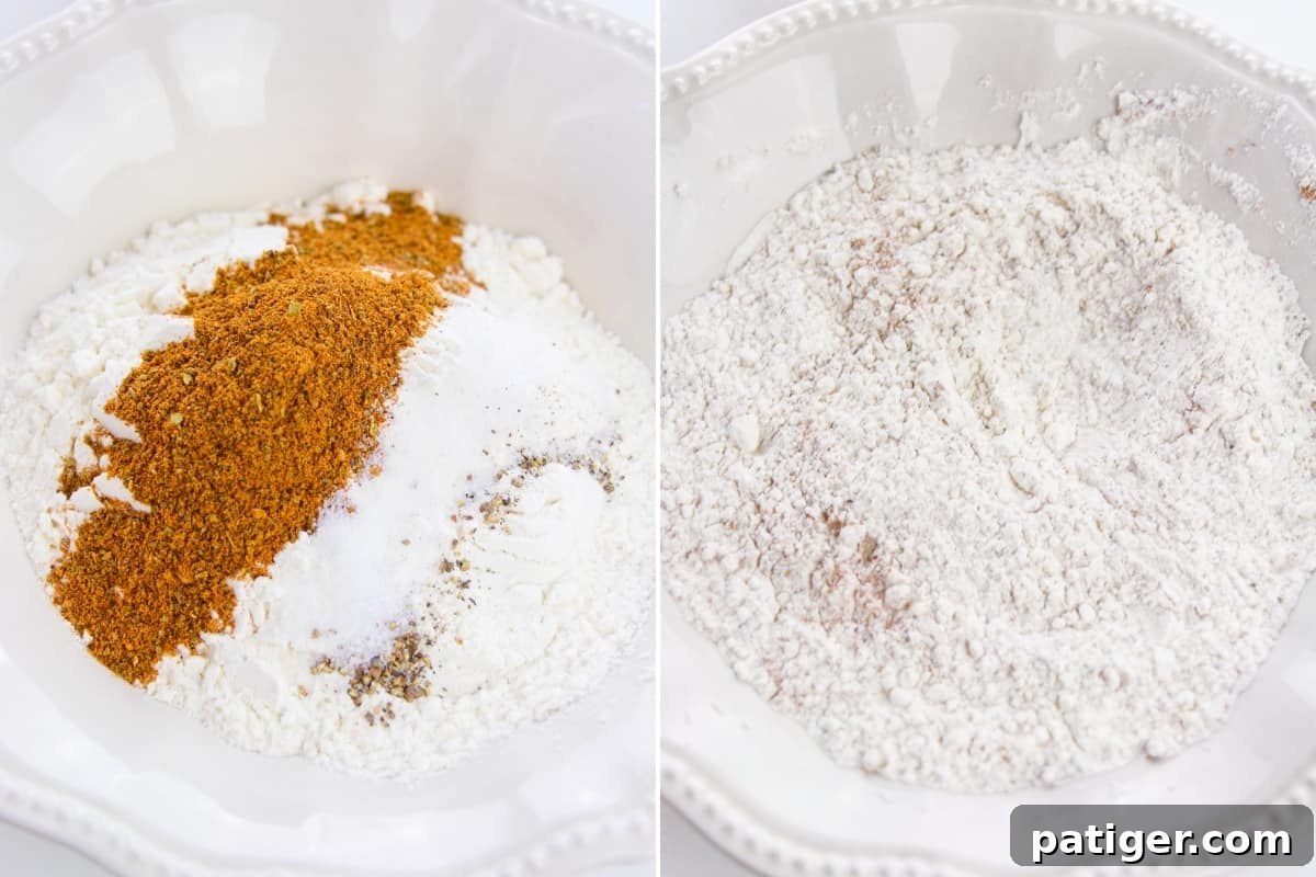 Golden Shrimp Poppers 4 On the left, a shallow bowl contains unmixed flour and spices. On the right, the same bowl shows the flour mixture thoroughly stirred and evenly combined, ready for breading.