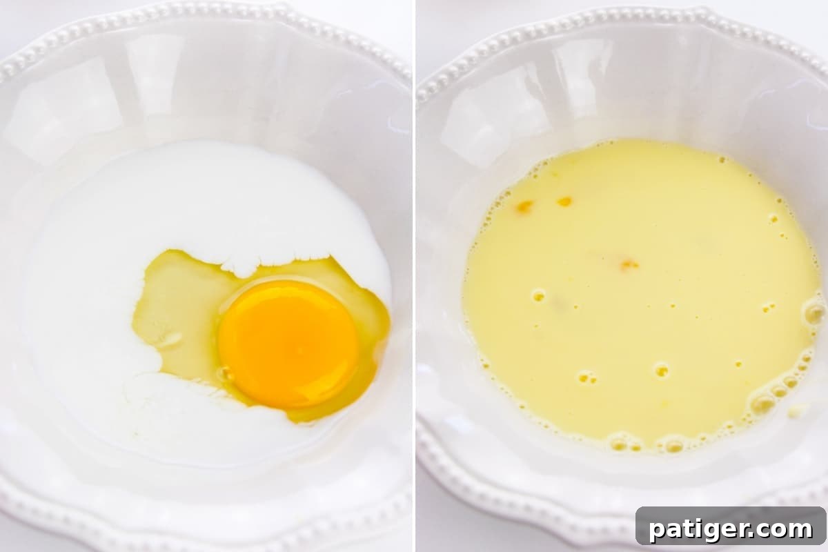 Golden Shrimp Poppers 5 On the left, a bowl holds an egg and milk separately. On the right, the same bowl shows the egg and milk whisked together into a smooth, uniform mixture.