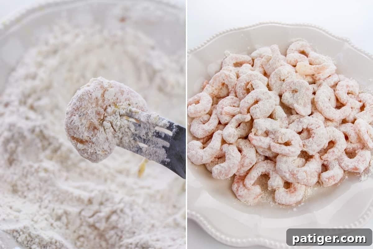 Golden Shrimp Poppers 6 On the left, a shrimp on a fork is being removed from a bowl of flour mixture, showing the initial coating. On the right, a plate piled high with perfectly battered shrimp, ready for frying.