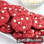 Red velvet cookies with white chocolate chips piled on white serving platter with bowl of white chocolate chips in the background