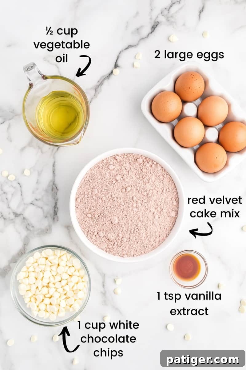 Ingredients: red velvet cake mix, ½ cup vegetable oil, 2 large eggs,  1 teaspoon vanilla extract,  1 cup white chocolate chips
