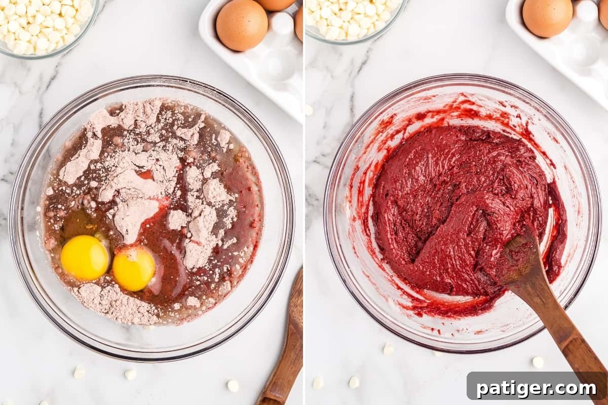 Two image collage: on left, glass mixing bowl with red velvet cake mix, vanilla, oil, and eggs unmixed. On right, the bowl is filled with the well-mixed red batter.