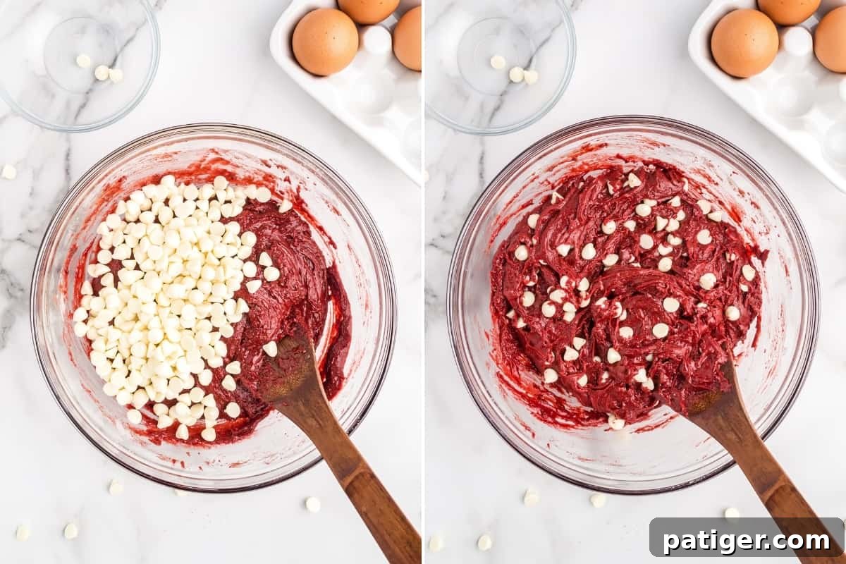 Two image collage: On left, red velvet cookie batter with white chocolate chips on top; on right, red batter with chips mixing in