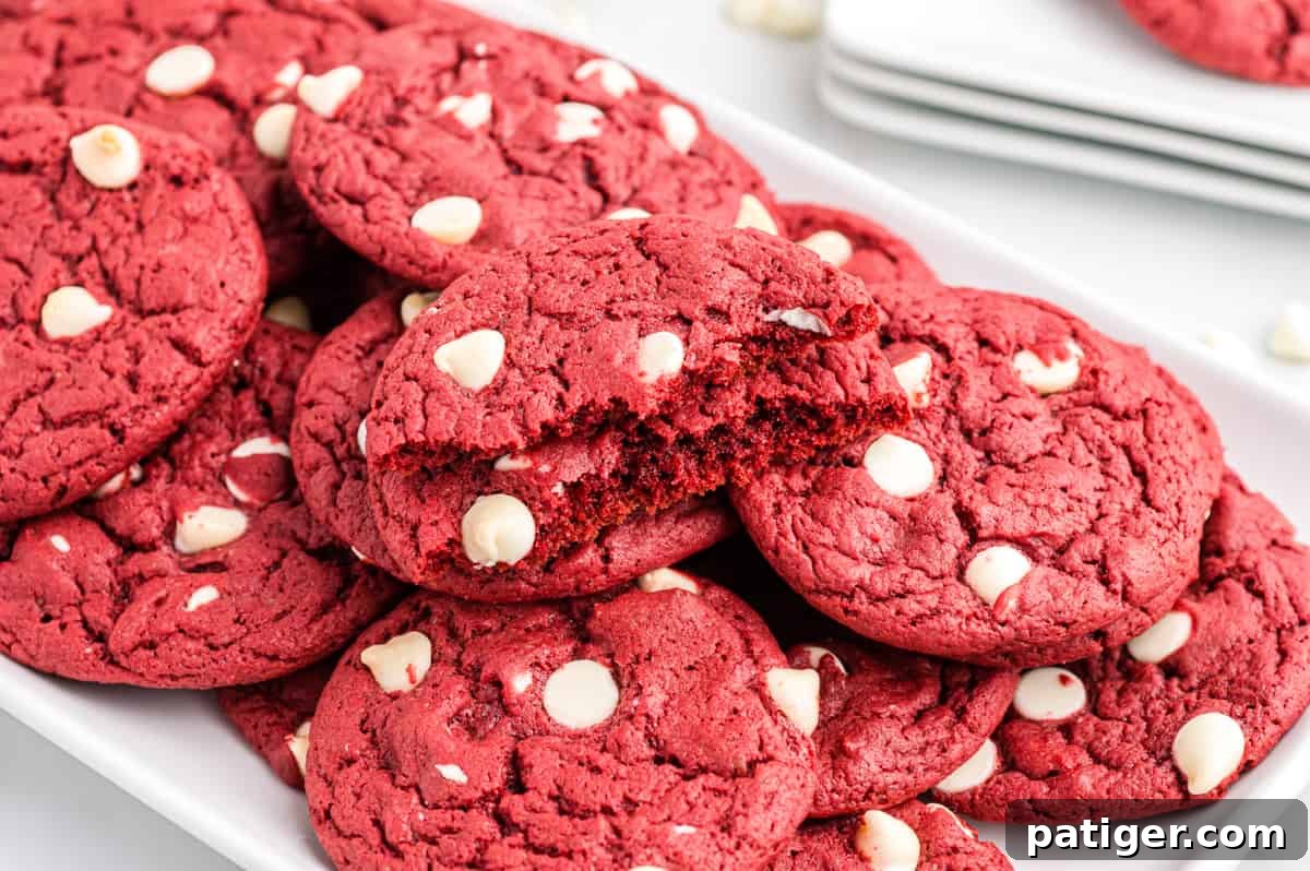 Red velvet cookies with white chocolate chips on white plate. Top cookie is broken in half to show soft and chewy texture. A bowl of white chocolate chips in the background