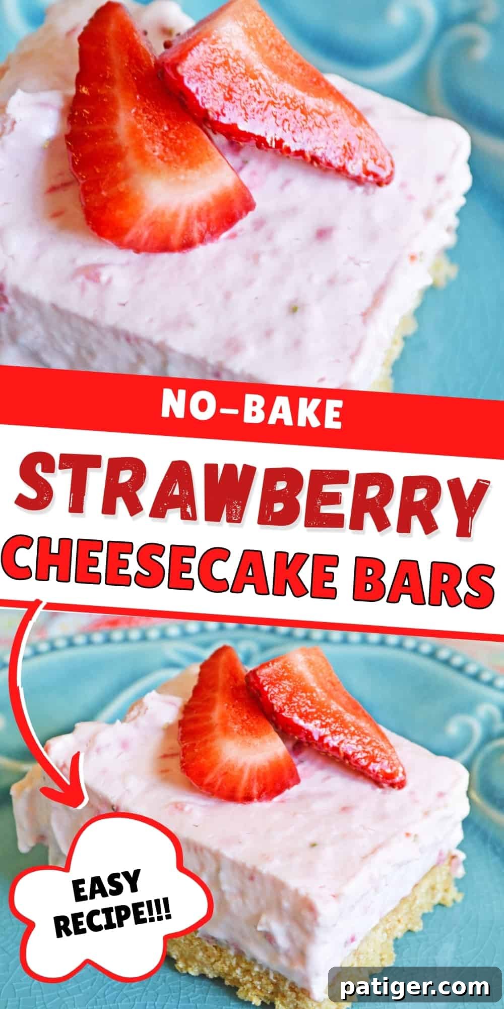 A beautifully composed vertical shot of No Bake Strawberry Cheesecake Bars, emphasizing their layered texture and fresh strawberry topping, ready for enjoyment.
