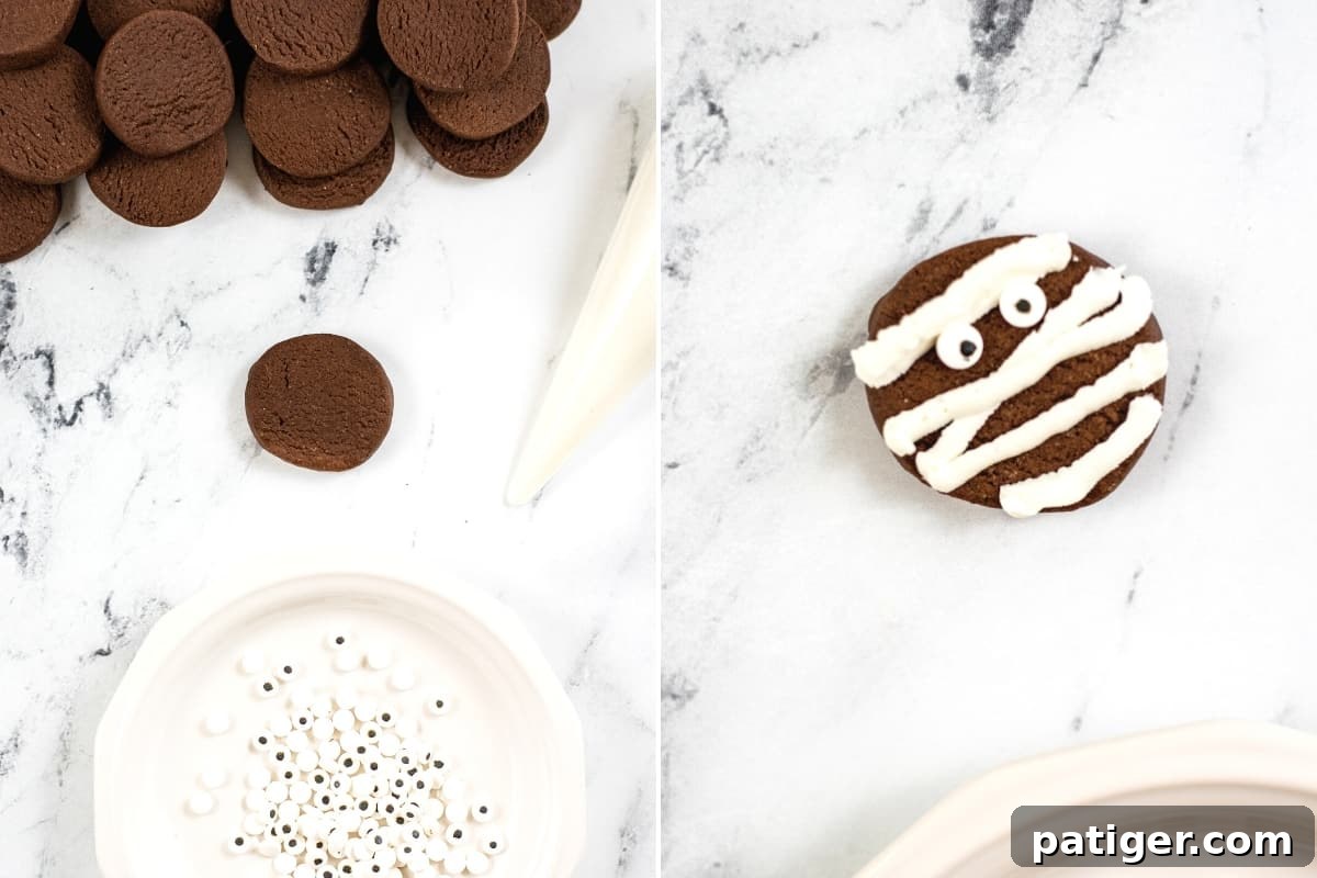 Two image collage. On left, chocolate sugar cookies, piping bag with vanilla frosting, and plate of candy eyeballs. On right, one chocolate cookie decorated with strips of frosting and two candy eyes to look like a mummy.