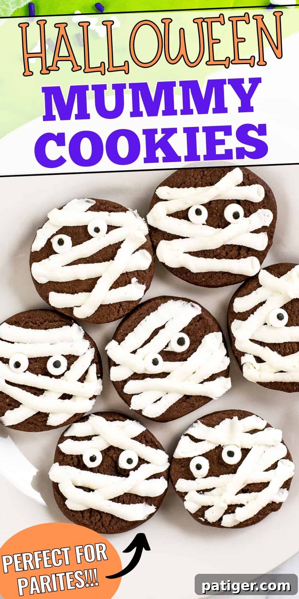 Pinterest image, reads: Halloween Mummy Cookies, Perfect for Parties!