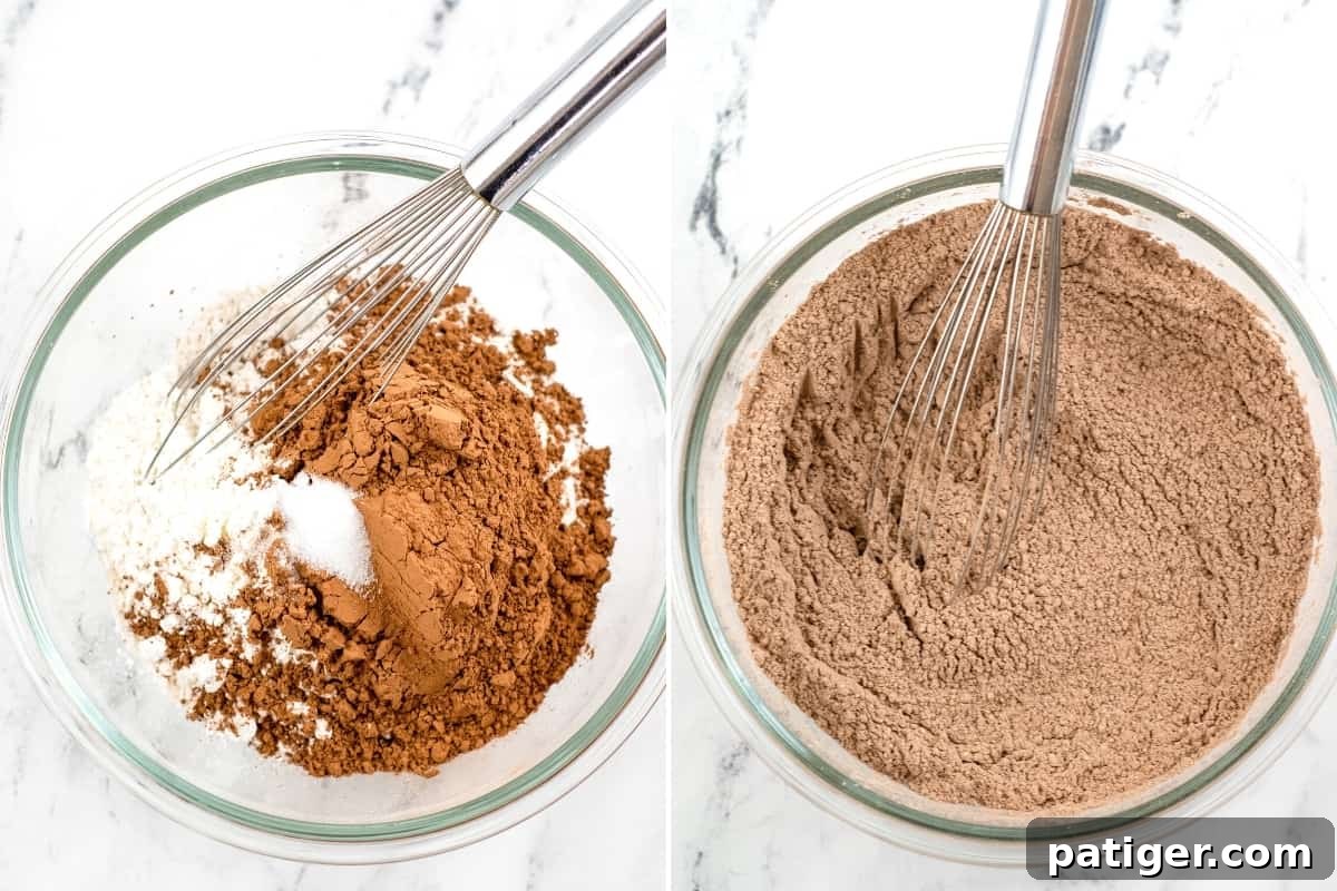 Two image collage. On left, glass mixing bowl with cocoa powder, cornstarch, salt, and flour. On right, same but whisked together.