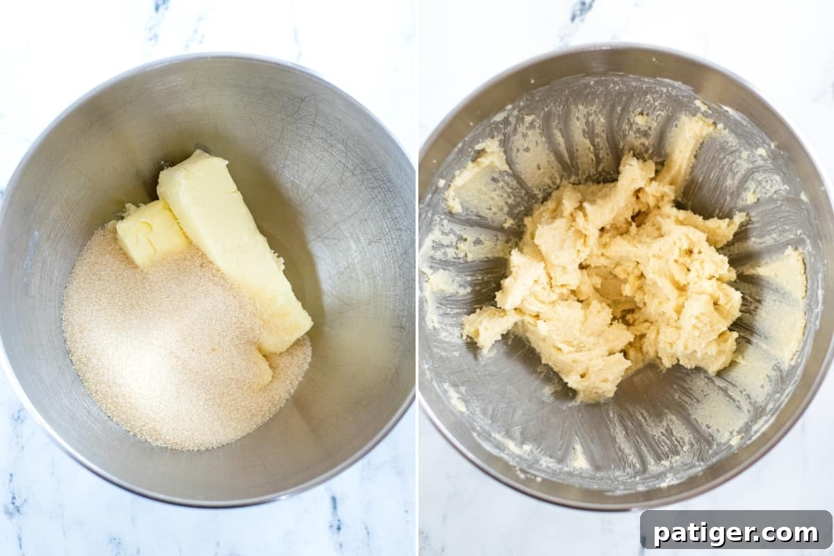 Two image collage. On left, mixing bowl with butter and sugar. On right, blended wet cookie ingredients