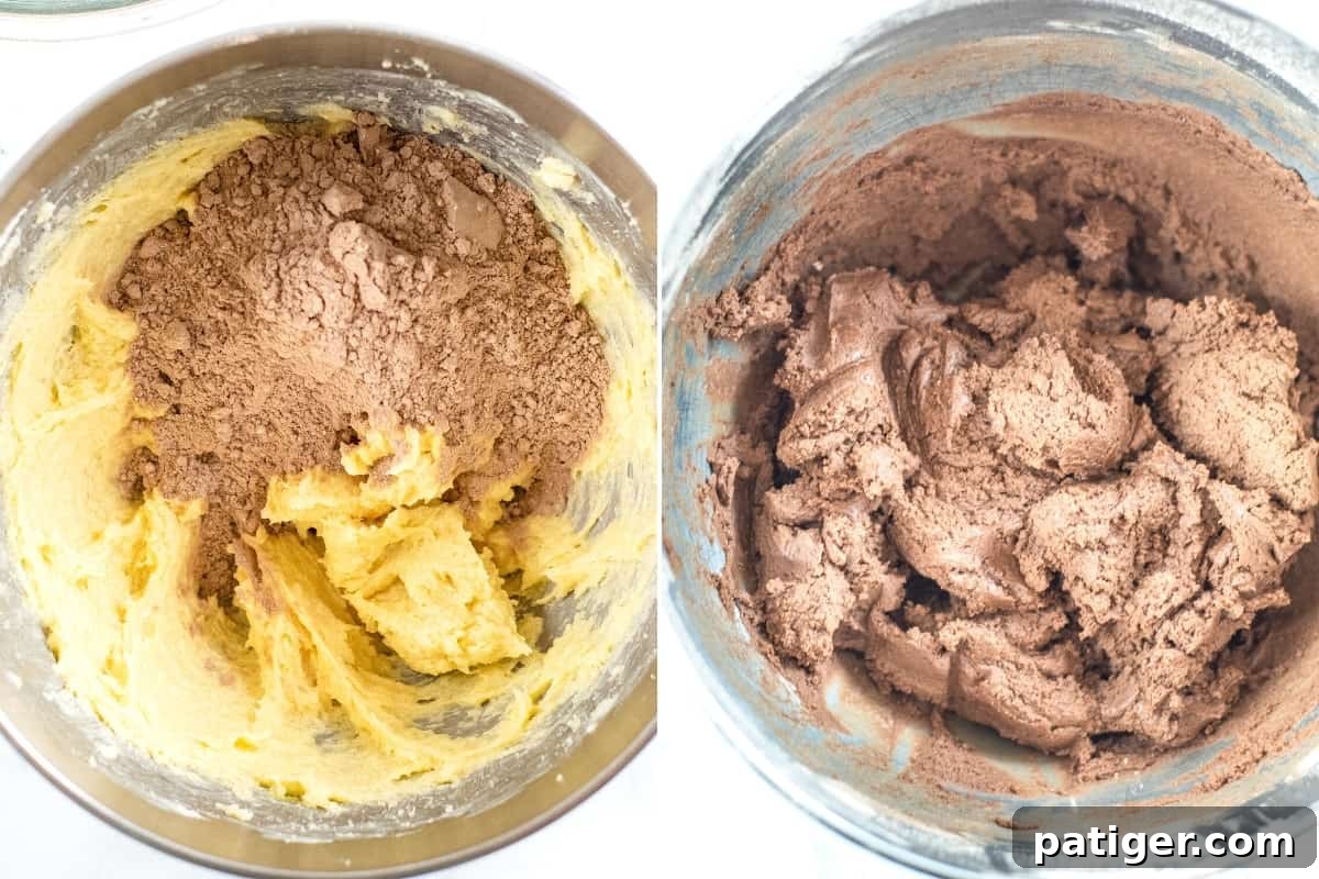 Two image collage. On left, wet ingredients with dry ingredients. On right, same but mixed until well combined.