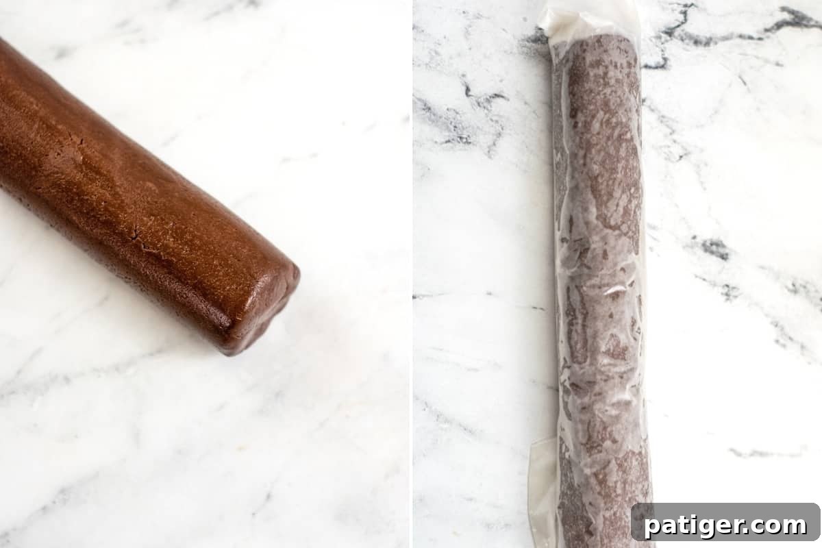 Two image collage. On left, chocolate cookie dough rolled into a log. On right, cookie dough log rapped in parchment paper