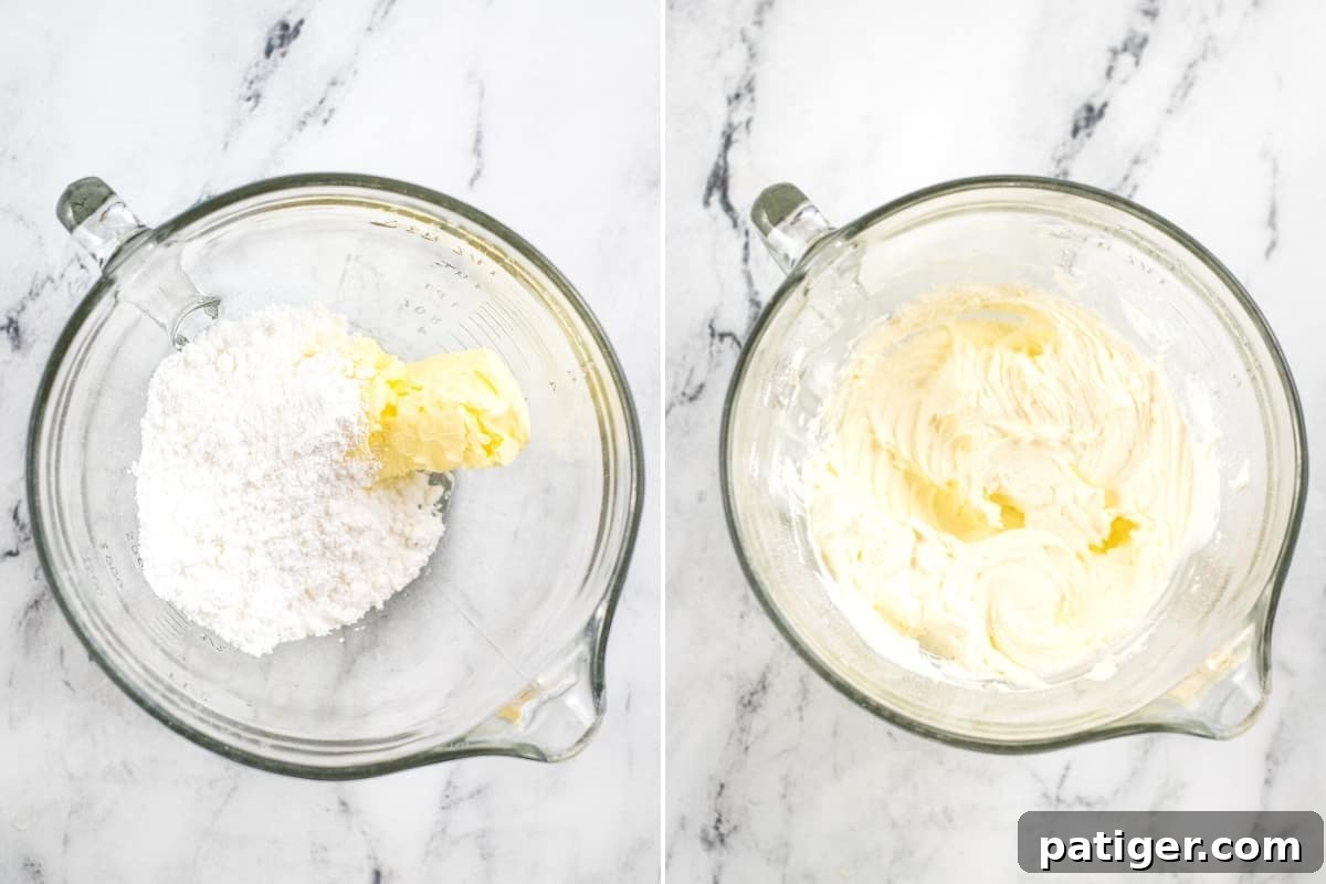 Two image collage. On left, powdered sugar and butter in glass bowl. On right, same ingredients but mixed until creamy.