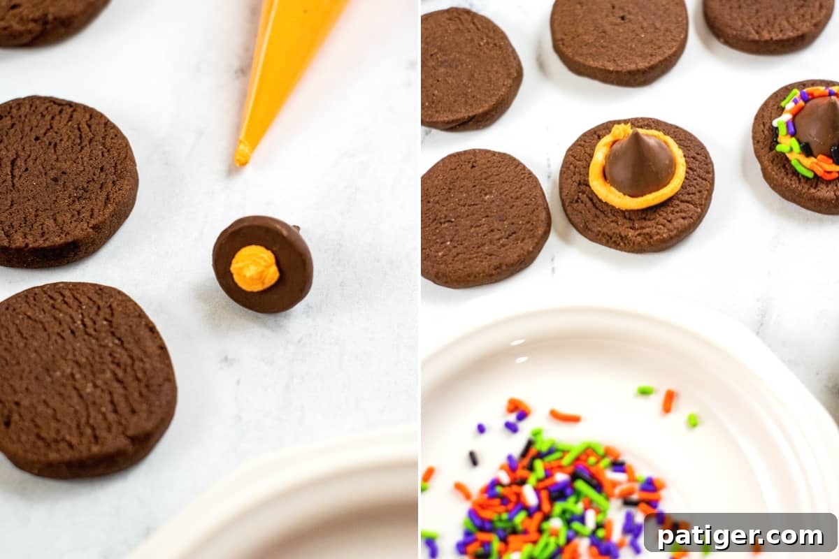 Two image collage. On left, piping bag of orange frosting and a dot of frosting on bottom of a Hershey Kiss. On right, chocolate cookies on lined baking sheet, two of which have Hershey Kisses on top and are in the process of being decorated