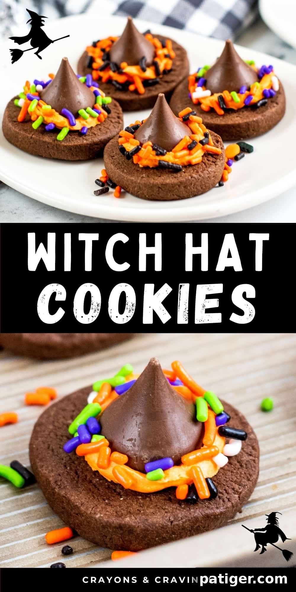 Pinterest Collage Image, reads: Witch Hat Cookies