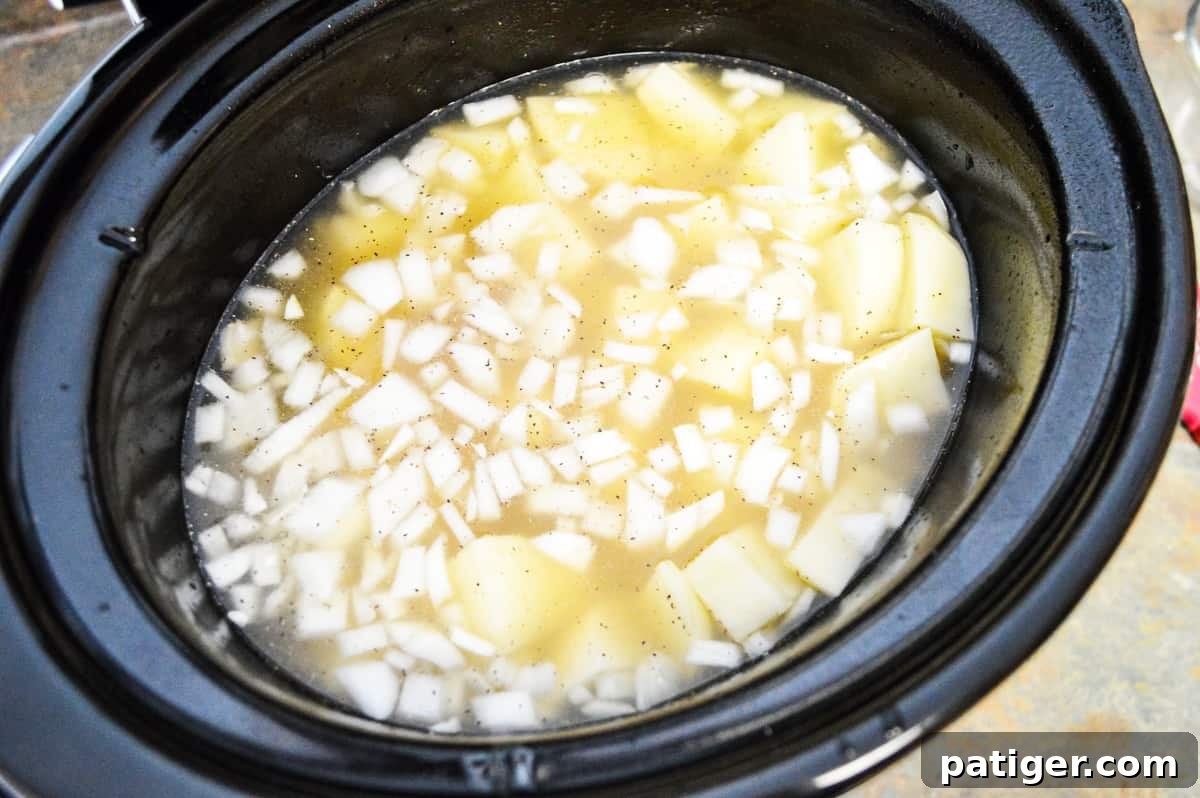 Diced potatoes, chicken broth, and chopped onion seasoned with salt and pepper are shown combined in a slow cooker, ready for cooking.
