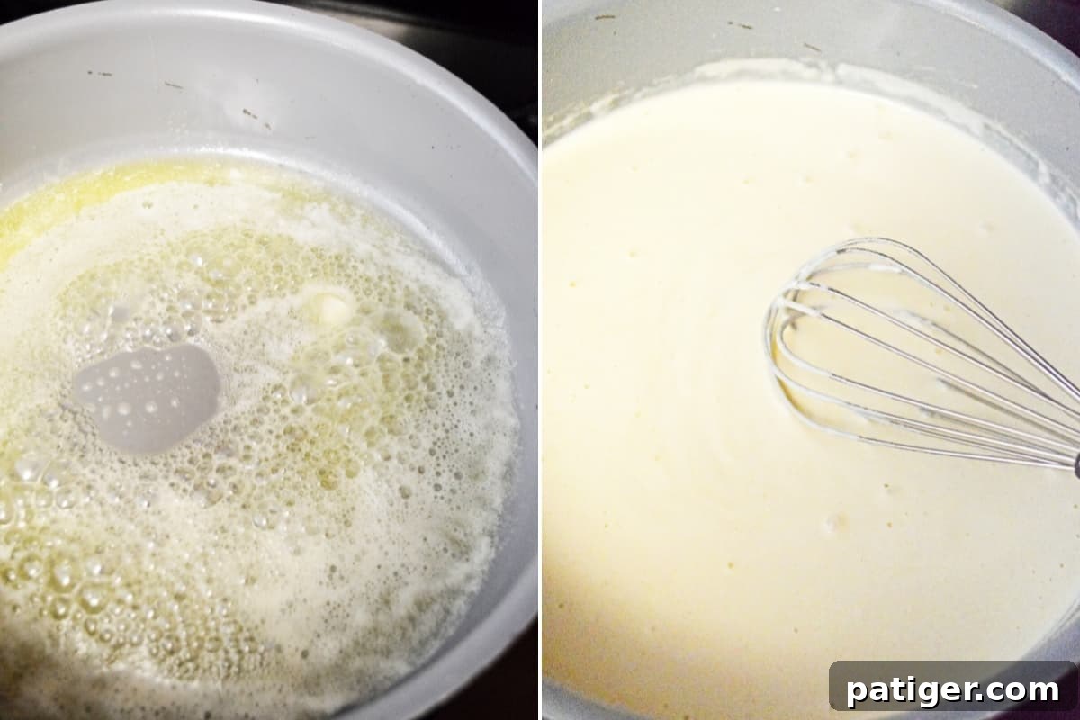 On the left, butter and flour are beginning to combine in a saucepan. On the right, a smooth roux is forming, being whisked vigorously in the saucepan to achieve the perfect thickening consistency.