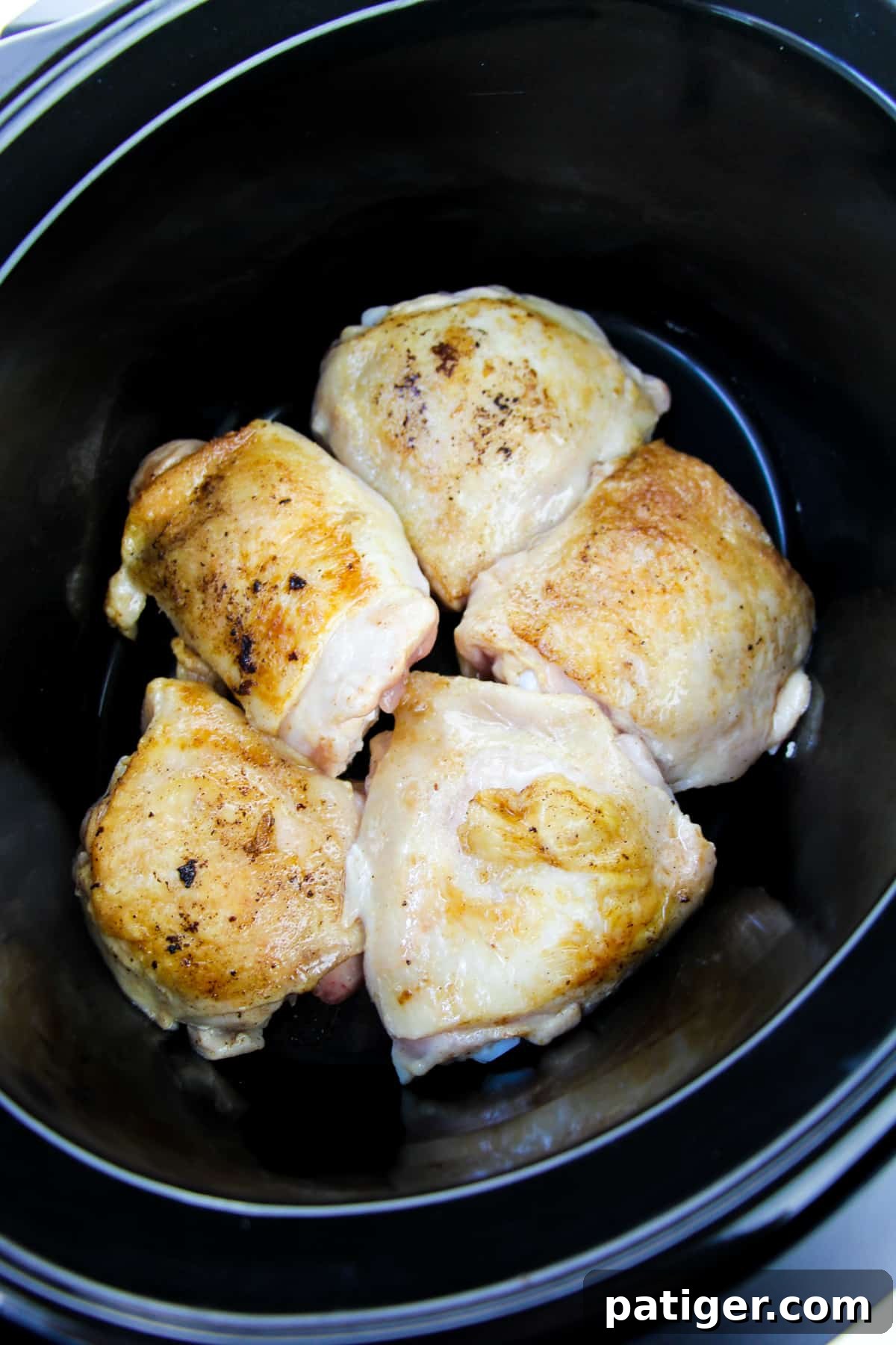 5 seared chicken thighs in bottom of crockpot