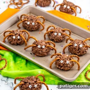 Chocolate rice krispies spider treats with pretzel legs and candy eyes