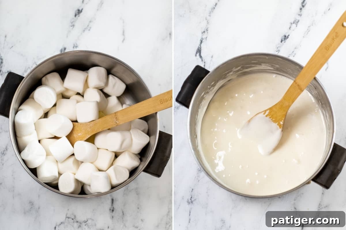 Two-image collage: Left shows full-size marshmallows melting in a pot with a wooden spoon; right shows the fully melted, smooth marshmallow mixture in the pot, ready for cereal.