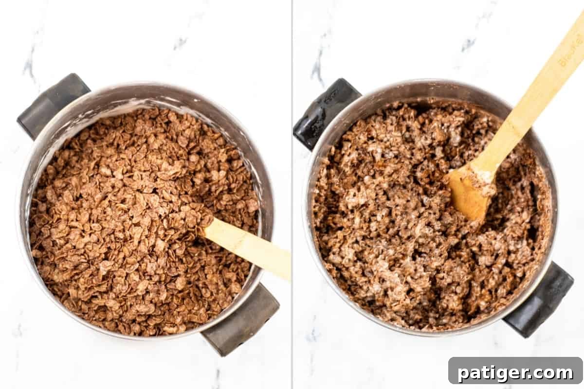 Two-image collage: Left displays Cocoa Krispies cereal being added to the pot; right shows the cereal coated evenly in the marshmallow mixture, ready for shaping.