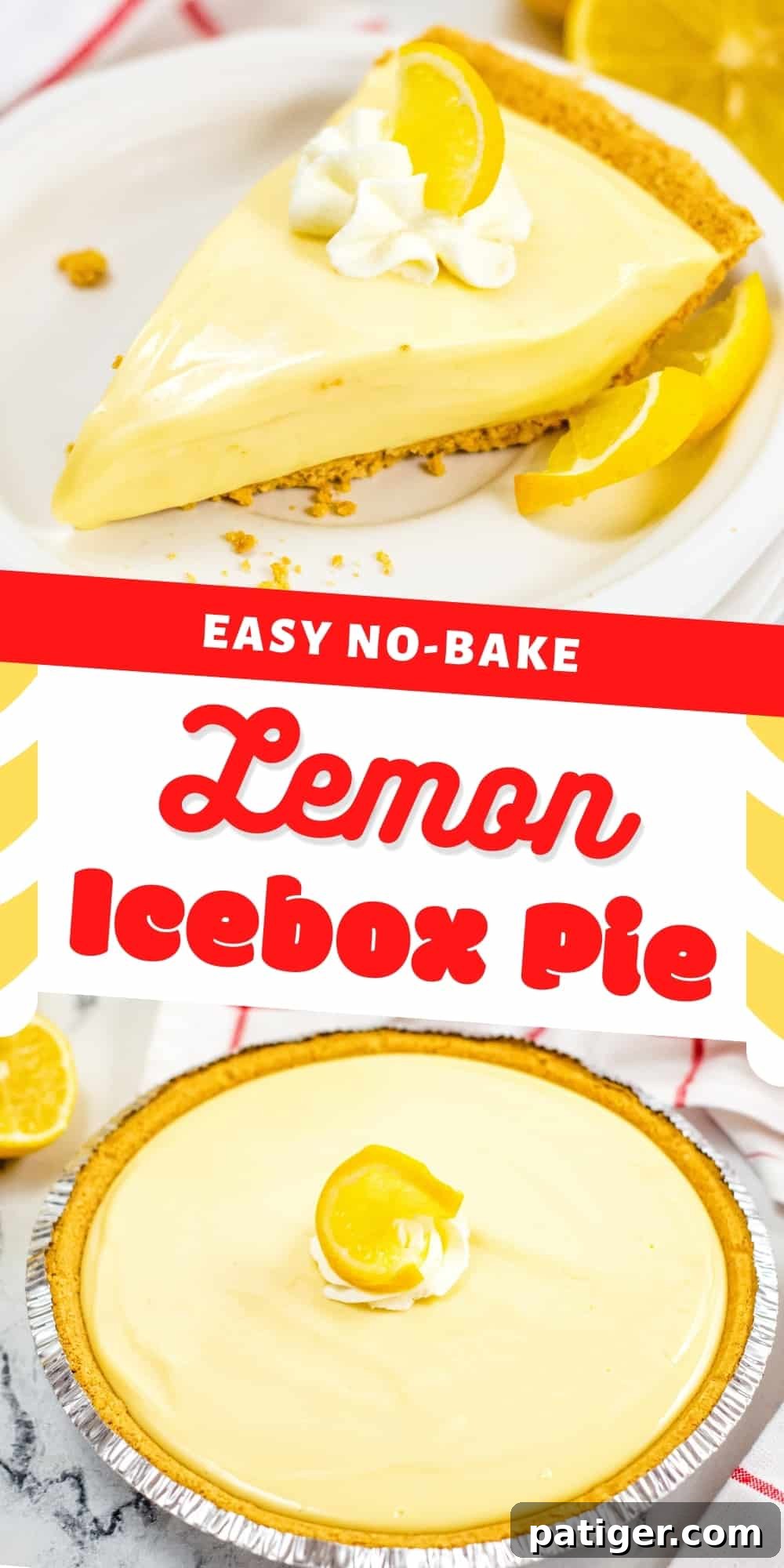 Pinterest image collage featuring text 'easy no bake lemon icebox pie' alongside a picture of the full lemon icebox pie in its graham cracker crust and a separate image of a plated slice of pie, highlighting its effortless appeal.