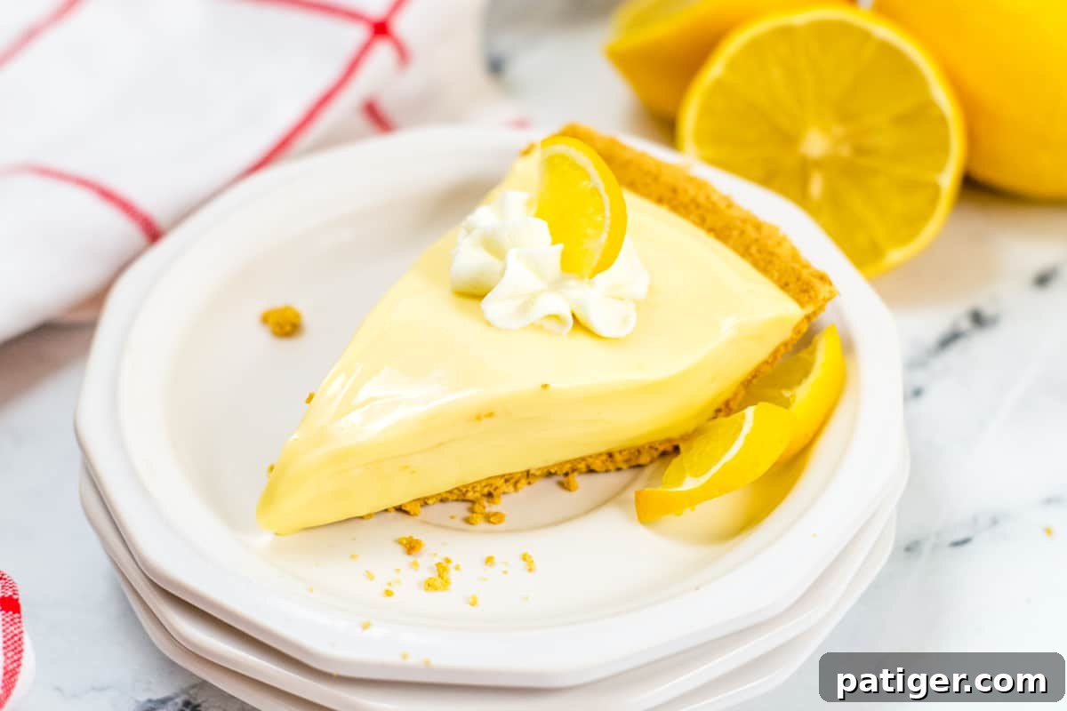 A beautifully plated slice of Lemon Icebox Pie, artfully topped with whipped cream and a lemon slice, highlighting its refreshing appeal.