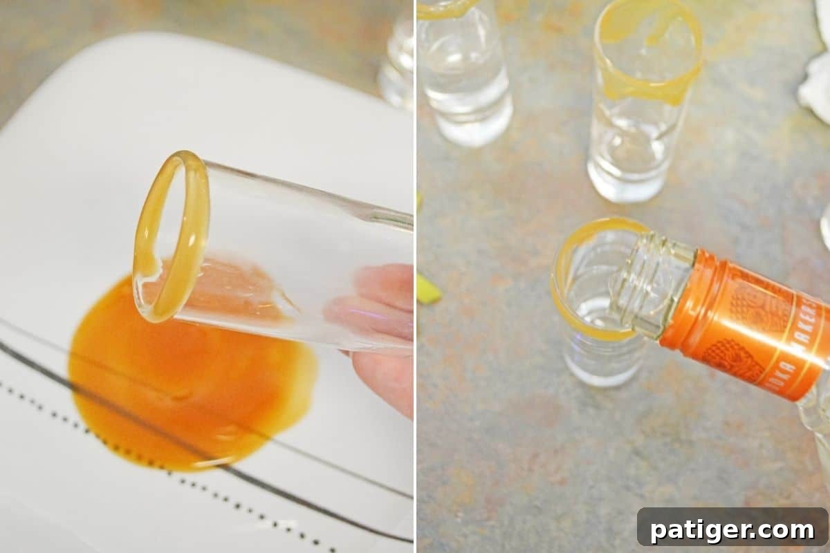 Spiced Caramel Apple Shooters 3 Two image collage showing the process of making caramel apple shots. On the left, a shot glass is being dipped into rich caramel sauce. On the right, caramel vodka is being poured into the elegantly rimmed shot glass.