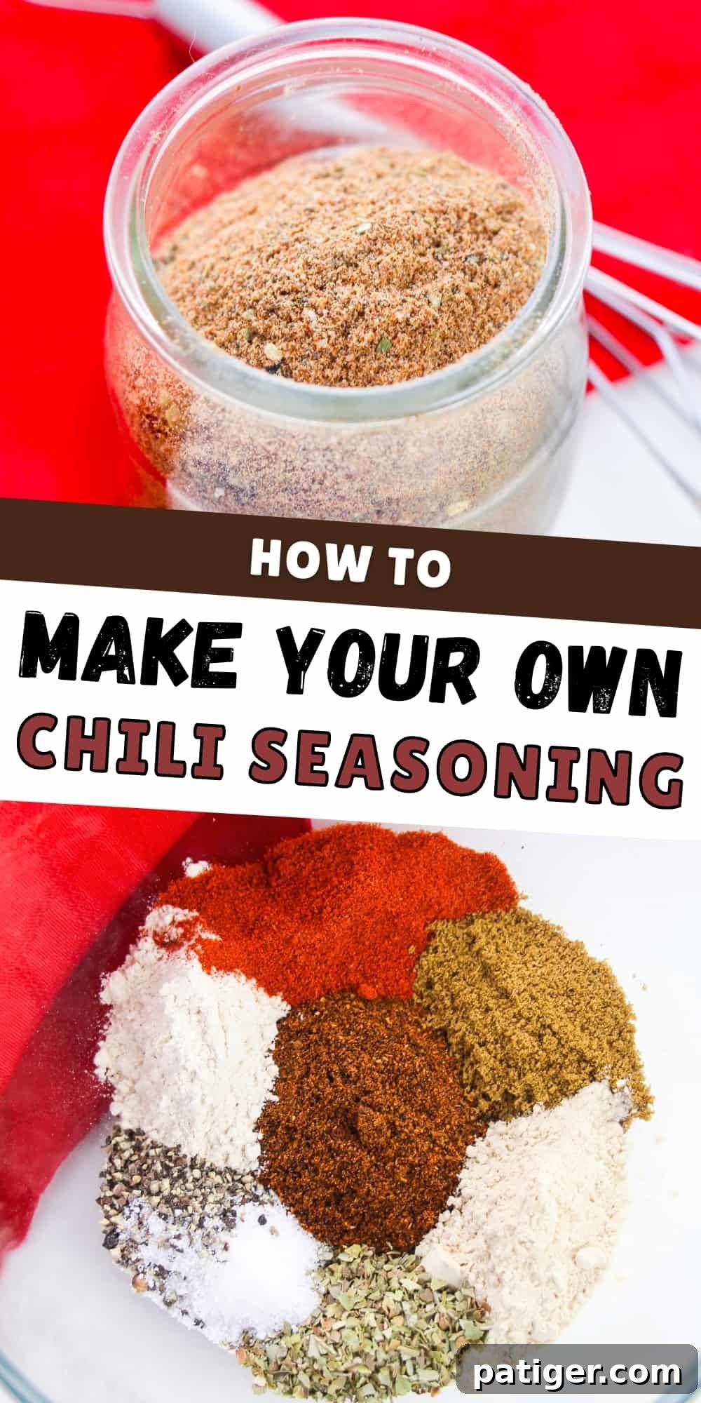 Craft Your Own Chili Spice Blend 8 Pinterest Image with text: How to Make Your Own Chili Seasoning, alongside a jar of the homemade blend.