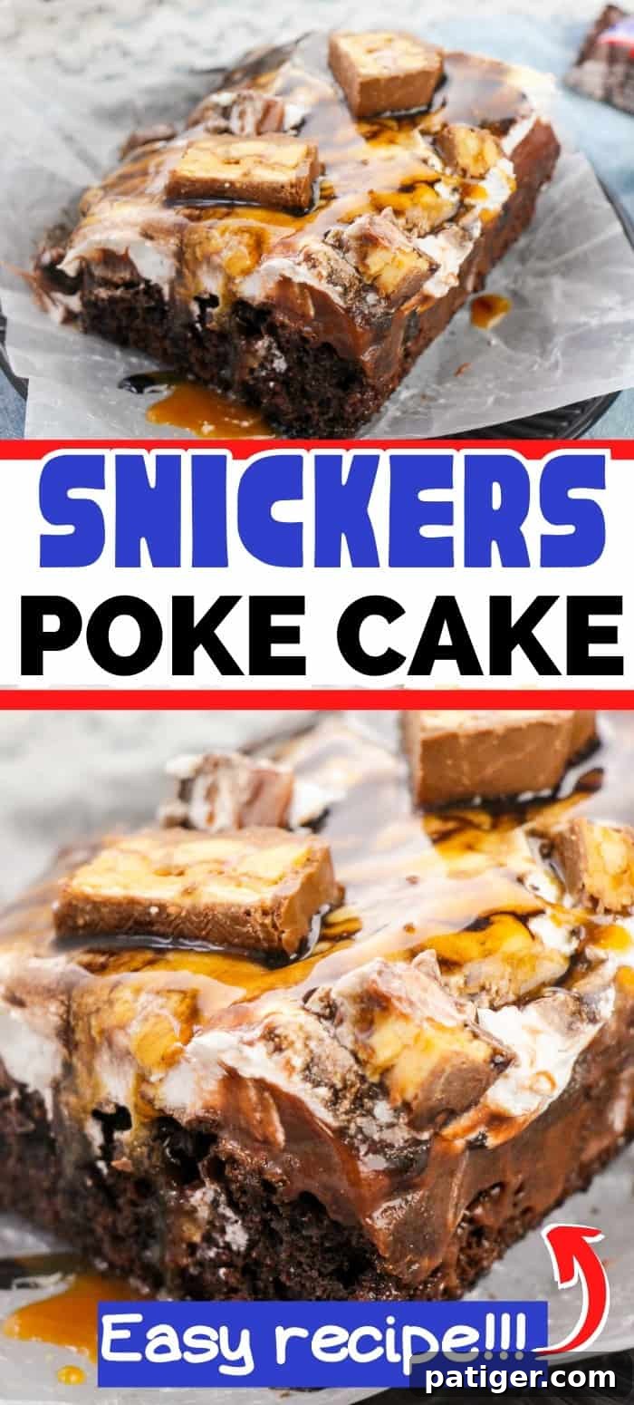 Snickers Poke Cake, a close-up showing the layers of chocolate cake, pudding, whipped topping, caramel, chocolate, and Snickers pieces.