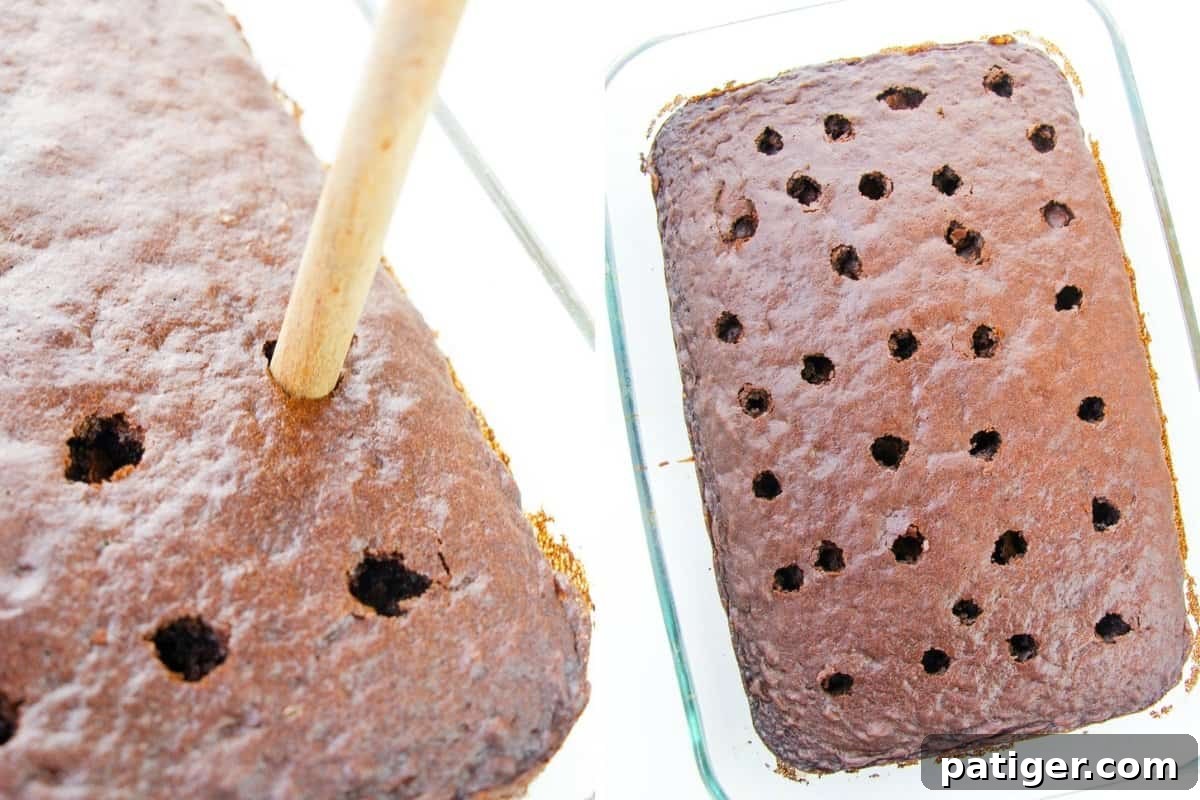 Wooden spoon handle poking holes in chocolate cake and 9x13 chocolate cake with holes throughout, about 1 inch apart.