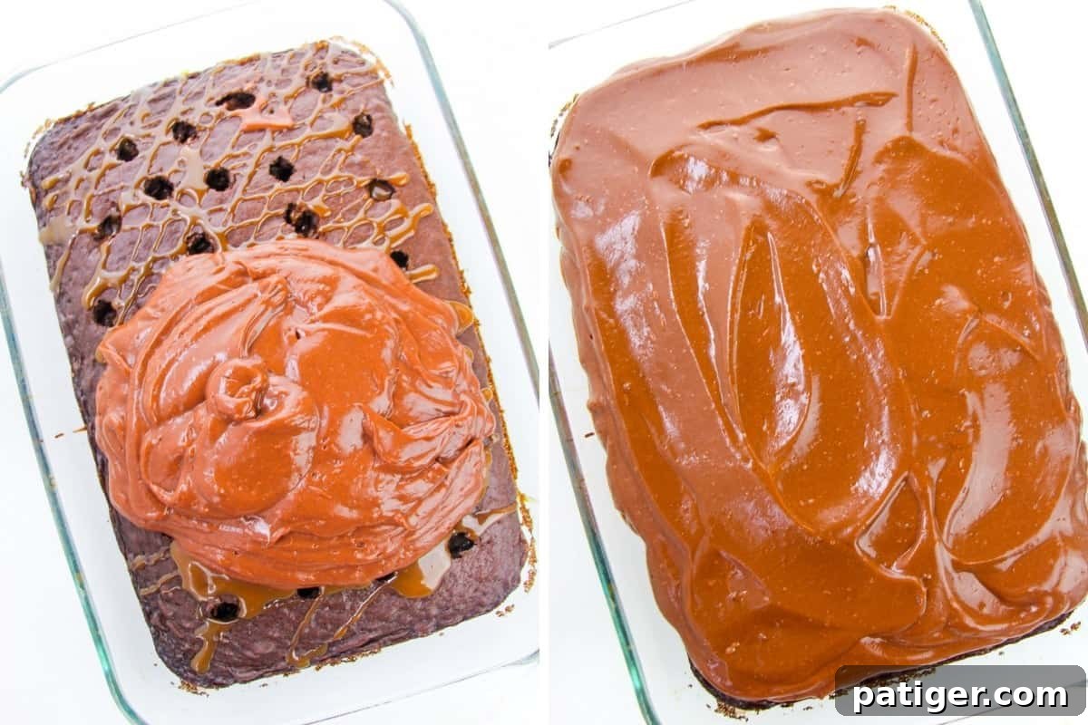 Chocolate cake topped with an even layer of chocolate pudding, filling the poked holes.