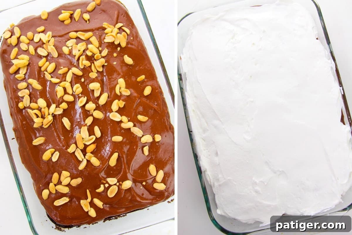 Cake topped with chocolate pudding and peanuts; cake then covered with an even layer of cool whip topping.