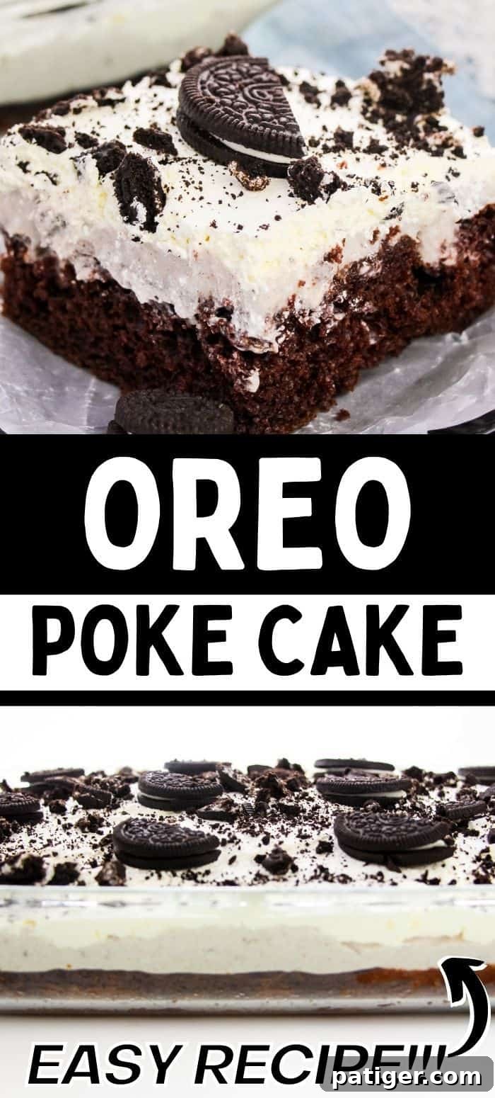 Cookies & Cream Poke Perfection 12 Pinterest collage image, reads: OREO Poke Cake, easy recipe!