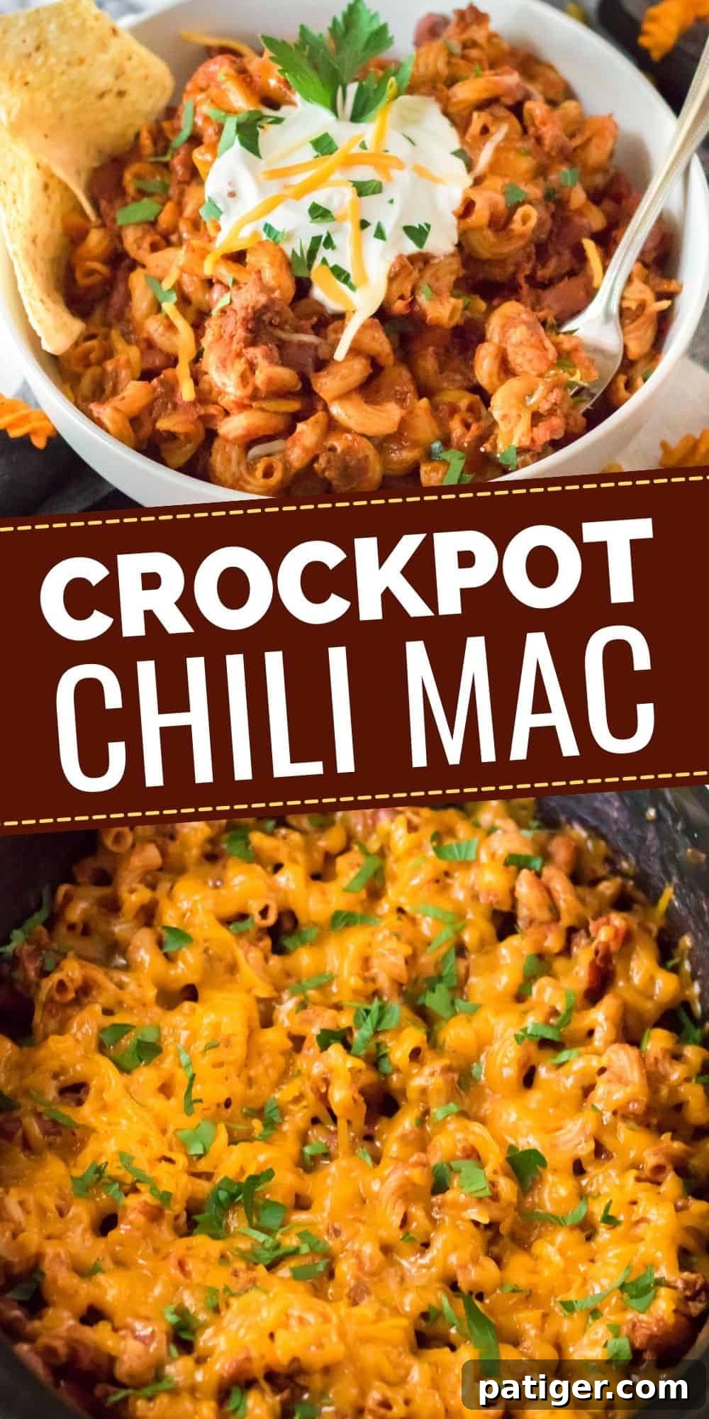 Pinterest graphic for Crockpot Chili Mac with text overlay.