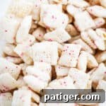 Close up shot of peppermint bark muddy buddies