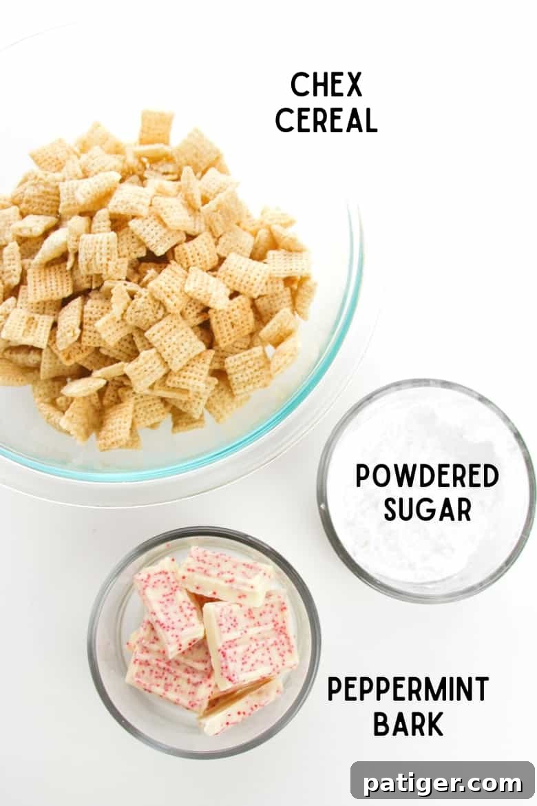 Winter Mint Bark Buddy Bites 5 Individual glass bowls containing the three main ingredients: Chex cereal, peppermint bark, and powdered sugar, ready for mixing.