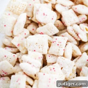Close up shot of peppermint bark muddy buddies