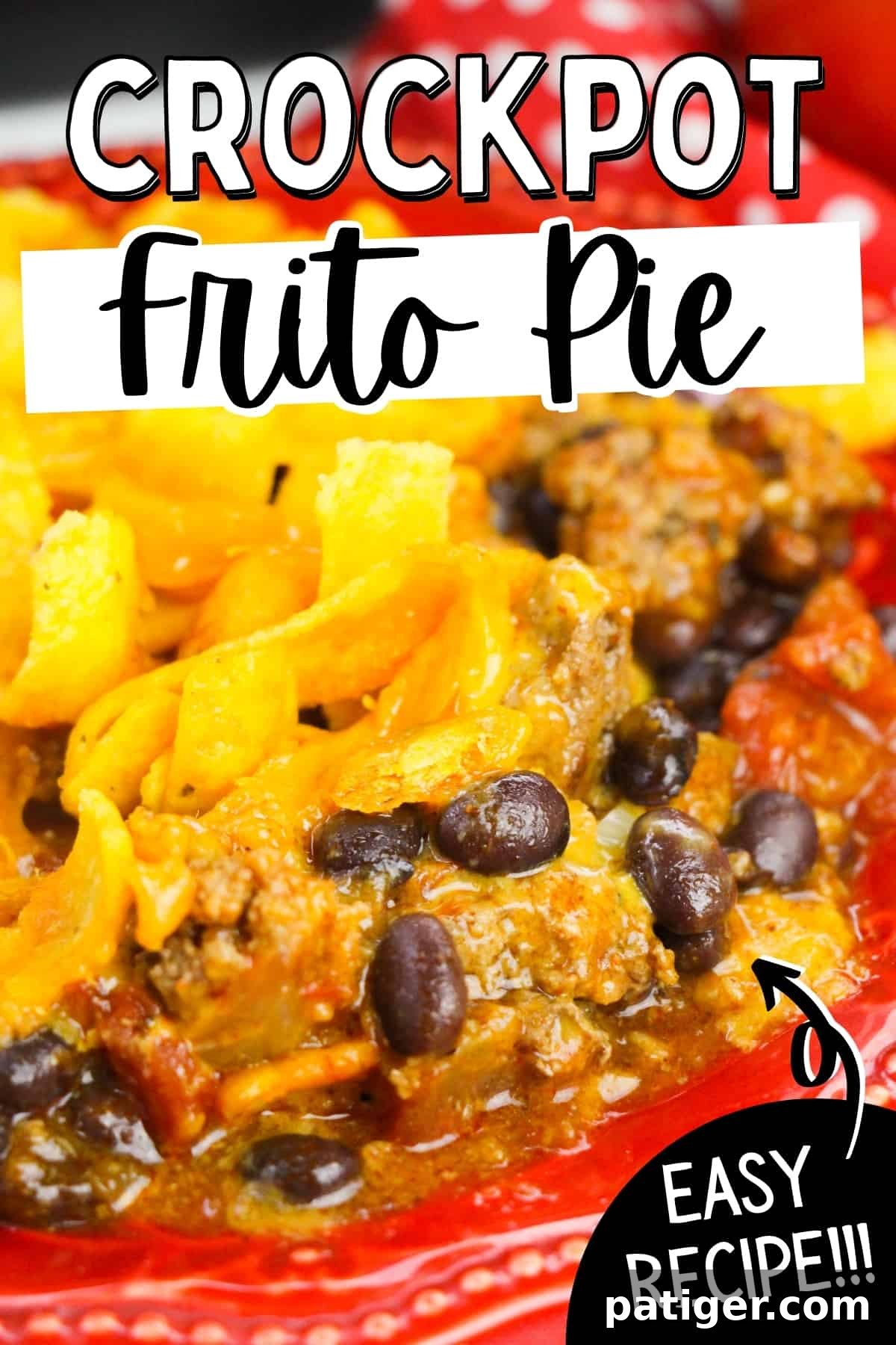 Slow Cooker Cheesy Frito Chili Bake 8 Image with text overlay, reads: Crockpot Frito Pie, easy recipe