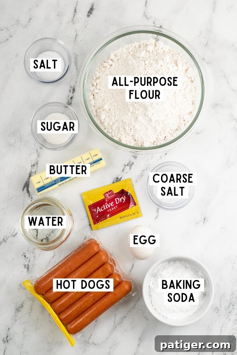 All purpose flour, salt, sugar, butter, active dry yeast packet, coarse salt, water, egg, hot dogs, baking soda