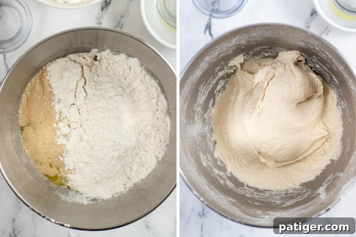 Dough ingredients in mixing bowl before and after mixing.