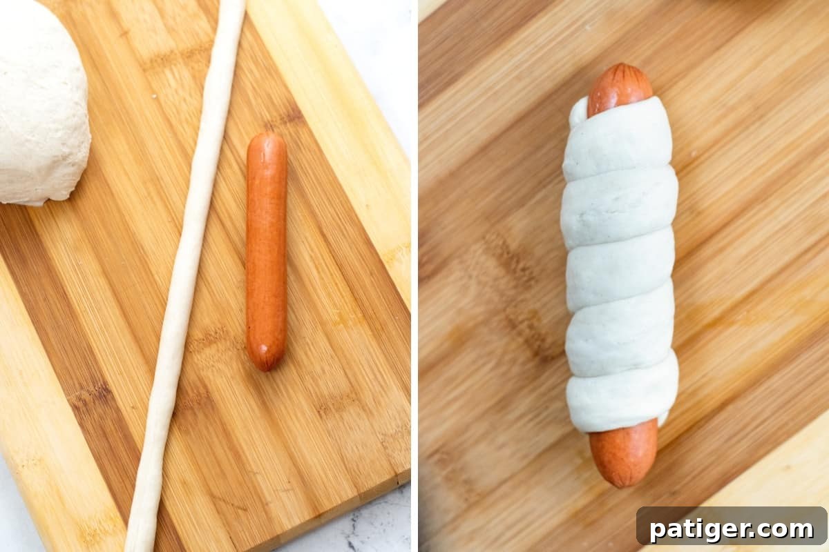 Left: dough rolled into a long rope next to hot dog. On right: Dough wrapped hot dog on cutting board.