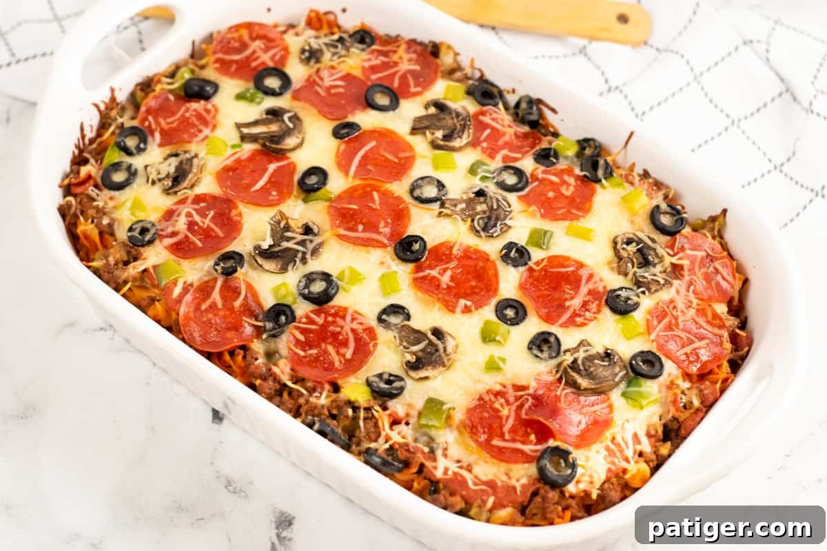 Hearty Pizza Pasta Casserole with Ground Beef, Mini Pepperoni, and Black Olives