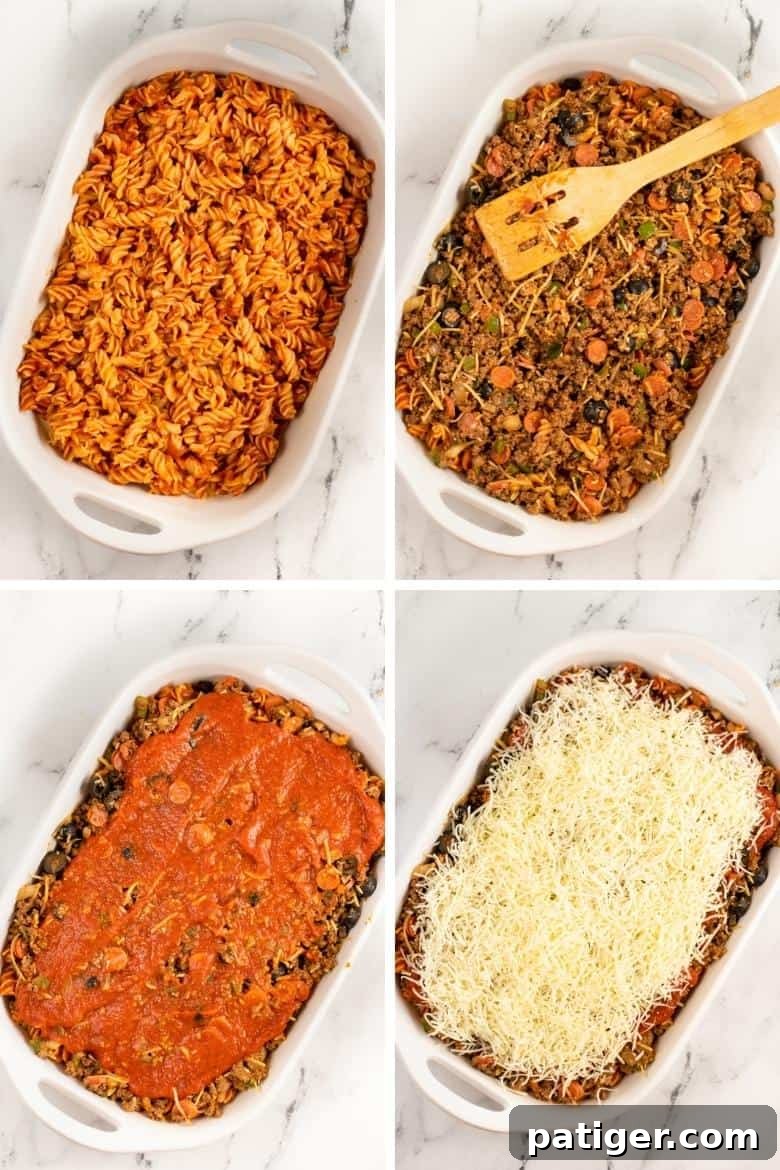 Collage showing layers of pasta, meat mixture, sauce, and cheese in a casserole dish before baking