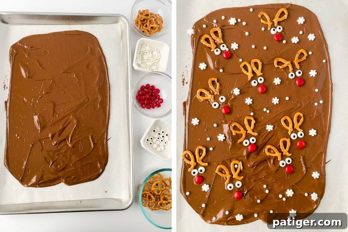 Two image collage. On left, melted chocolate spread on parchment-lined baking sheet with remaining ingredients in bowls next to it. On right: chocolate decorated with reindeer faces and snowflake sprinkles