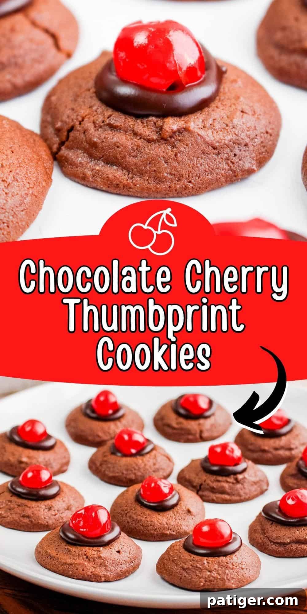A visually appealing Pinterest collage image for Chocolate Cherry Thumbprint Cookies, showcasing various angles and close-ups.