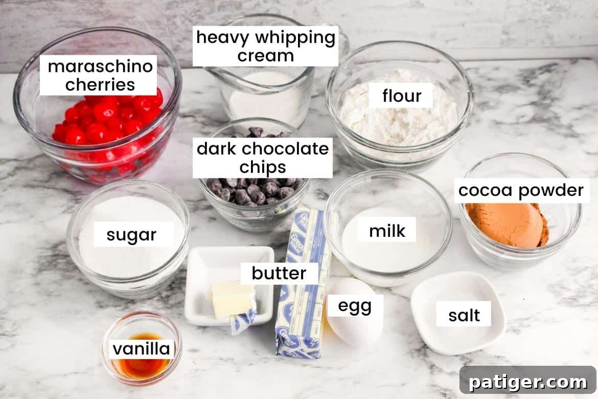 Glass bowls on a countertop containing all the ingredients for Chocolate Cherry Cookies: maraschino cherries, heavy whipping cream, flour, cocoa powder, milk, salt, egg, butter, vanilla extract, granulated sugar, dark chocolate chips.