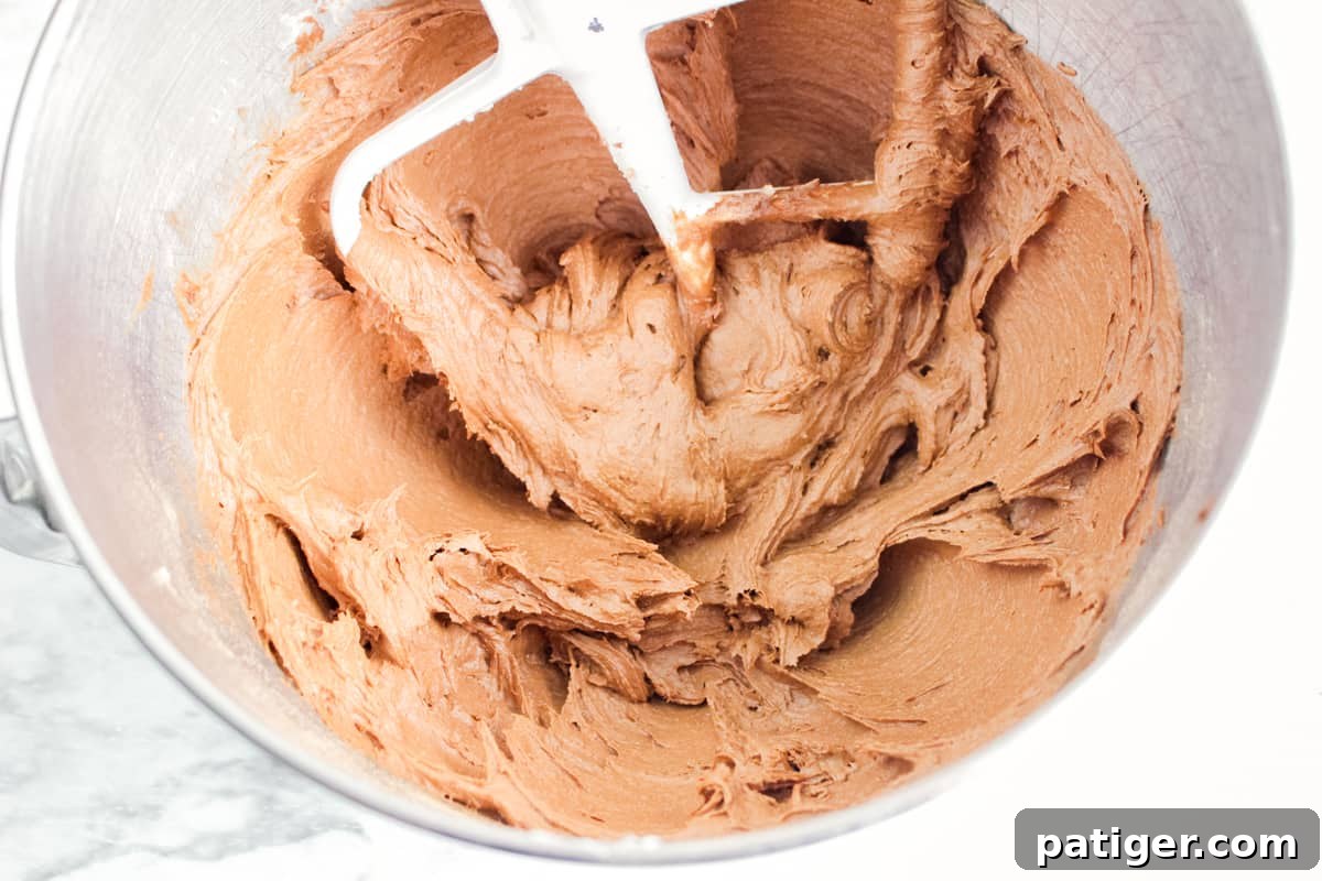 Rich chocolate cookie batter in a stand mixer, perfectly blended and ready for the next step.