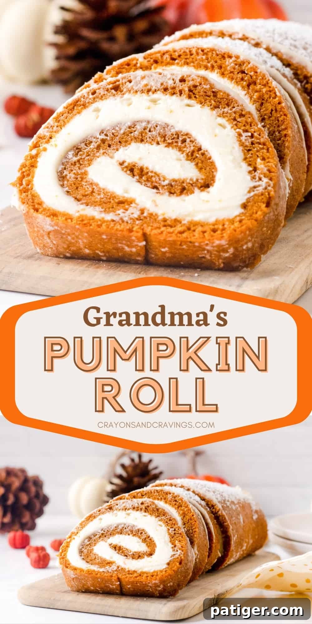 Spiced Pumpkin Swirl Cake 16 Two-image collage for Pinterest, promoting Grandma's Pumpkin Roll recipe.