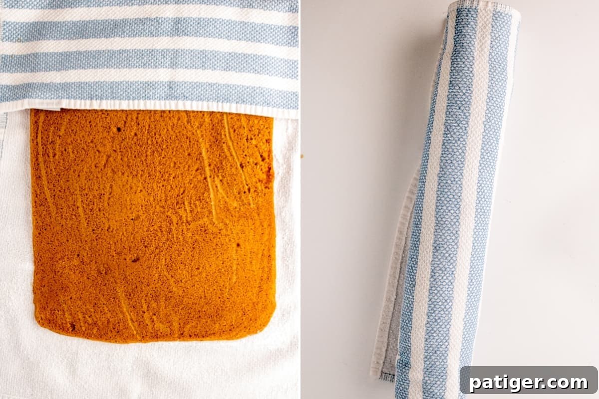 Spiced Pumpkin Swirl Cake 8 Collage showing pumpkin cake being rolled into a log with a kitchen towel.
